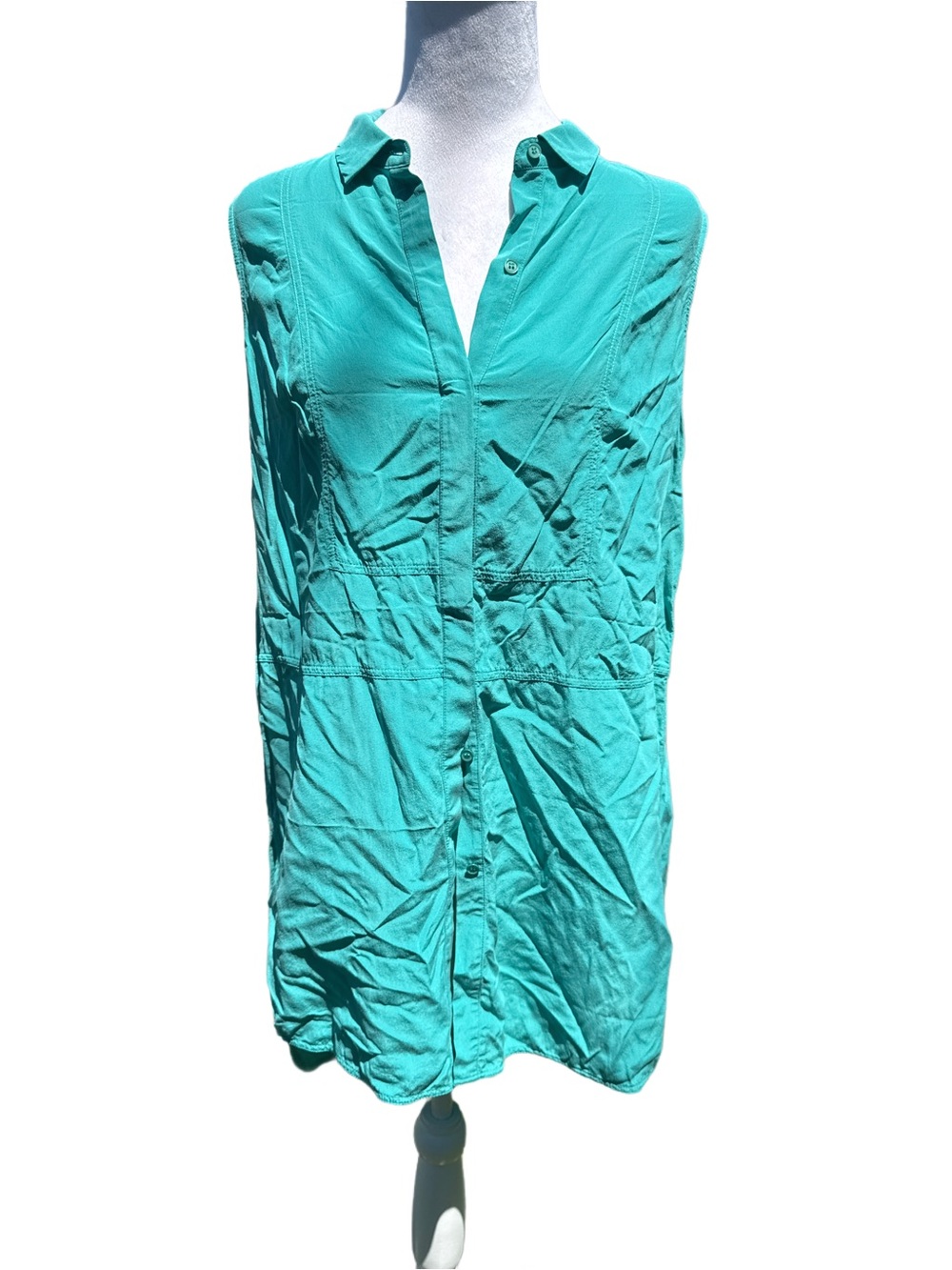 Lafayette 148 New York Teal Sleeveless Long Tunic Button Up Shirt Medium